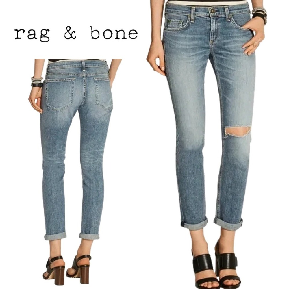 Rag & Bone, Dre, Low-Rise Slim Boyfriend Jeans,‎ Mariner, Distressed Size 29